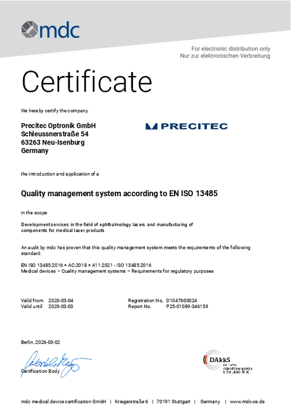 ISO 13485 Certificate Medicine Precitec Optronik GmbH in English