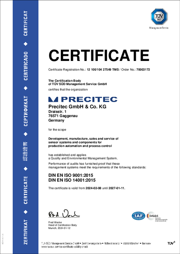 Certificate ISO 9001 Precitec GmbH & Co. KG Certificate ISO 9001 Precitec GmbH & Co. KG