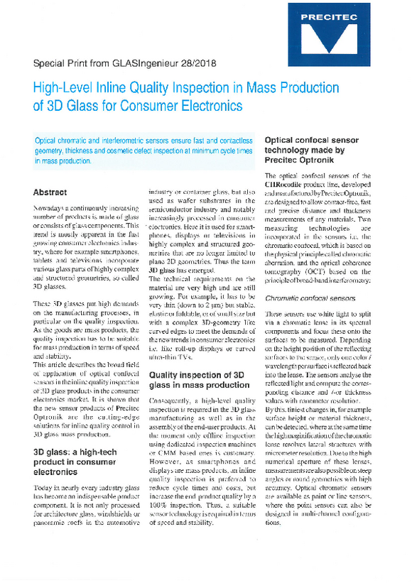 Inline quality inspection of 3D glass for consumer electronics