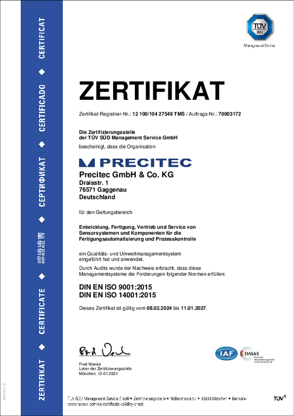 Zertifikat ISO 9001 Precitec GmbH & Co. KG