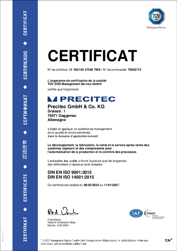 Certificat ISO 9001 Precitec GmbH & Co. KG