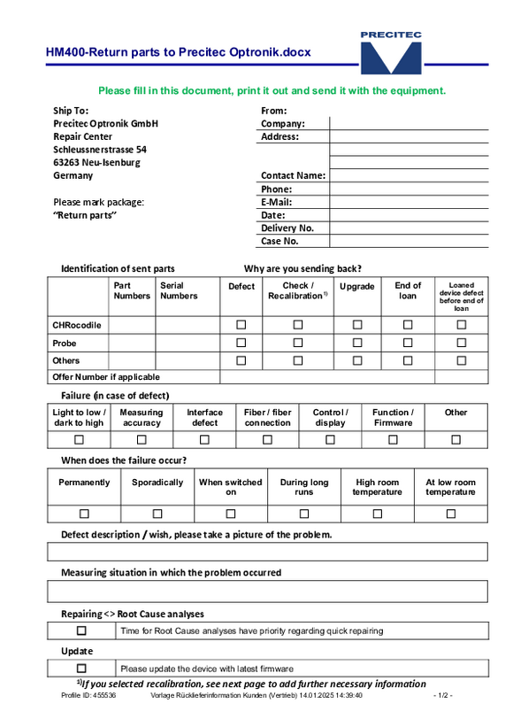 Online Repair Form HM400