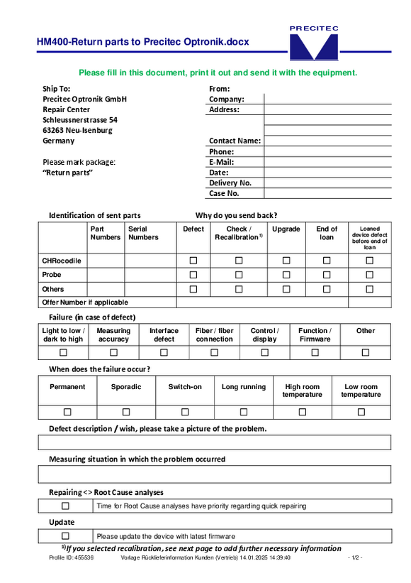 Online Repair Form HM400