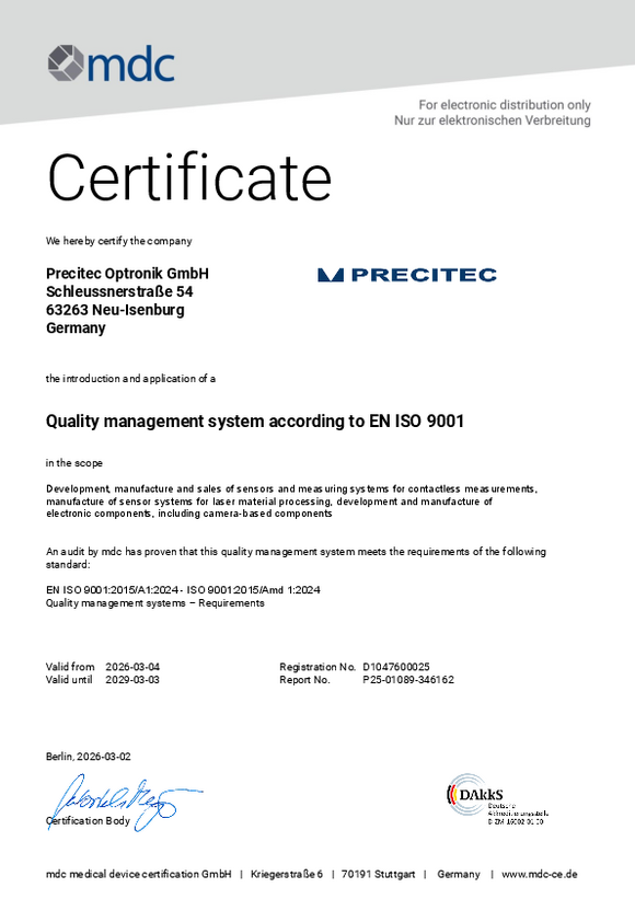 ISO 9001 Certificate Metrology Precitec Optronik GmbH in English