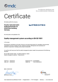 ISO 9001 인증서 계측학 Precitec Optronik GmbH (영어)