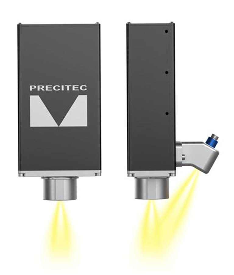Enovasense Field Sensor HR Front and side views. Yellow light cones indicate the measuring ranges.