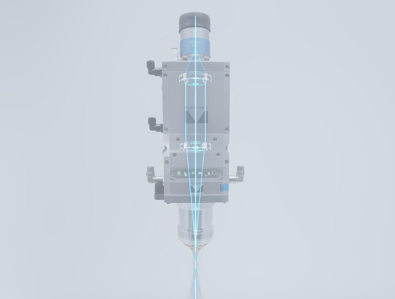 ProCutter 3.0 – Beam delivery and focusing for laser cutting Transparent view of the Precitec ProCutter 3.0 laser cutting head, showing the beam path in blue through the optics to the focal point